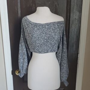 Gray Off-Shoulder Ribbed Crop Top